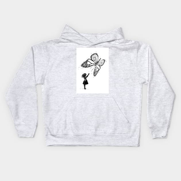Girl and Butterfly Fantasy Black and White Artwork Kids Hoodie by LotusGifts